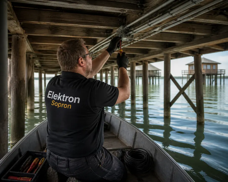 Elektron Sopron villanyszerelő munka közben egy Fertő-tavi cölöpház alatt, Mörbischben
